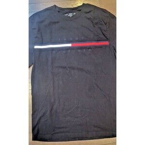 EUC Tommy Hilfiger Mens SZ L Short Sleeve Signature Stripe Embroidered Black Y2K